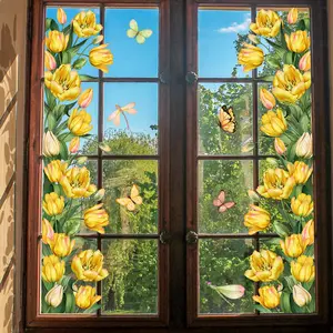 Tulip & Butterfly Pattern Window Sticker, 1 Sheet Double Sided Visual Glass Window Decal, Decorative Sticker for Home Living Room Bedroom