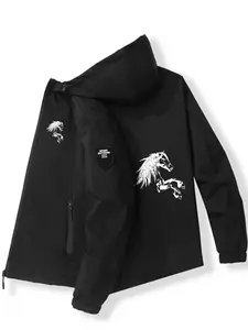 Men's Horse Print Hooded Flying Jacket, High-Quality Polyester Fiber, Slim-Fitting Casual Outerwear, Spring & Fall Fashion