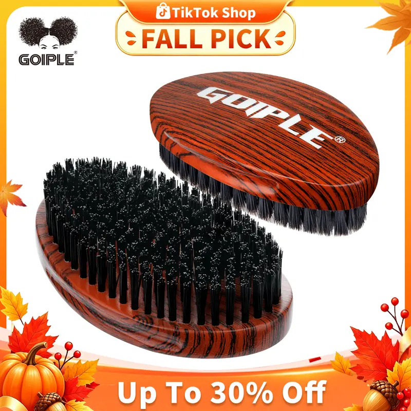 Goiple Curved Boar Bristle Wooden Hair Styling Brush - Compact, Anti-Tangle Barber Equipment for Adult Barber Life, with Wood Comb for 360 Waves & Daily Use