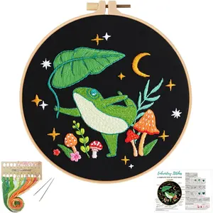 Frog Embroidery Kits for Beginners with Art Night Pattern, Cross Stitch Kit for Adults,DIY Needlepoint for Embroidery Starter