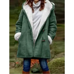 Shipping included Plus Size Fleece-Lined Cotton Coat for Women Solid Color Fleece-Lined Top with Fur Collar and Hood Mid-Length Cotton Jacket Womenswear Outerwear Long Sleeve Fitted Basic Casual Minimalist Pink
