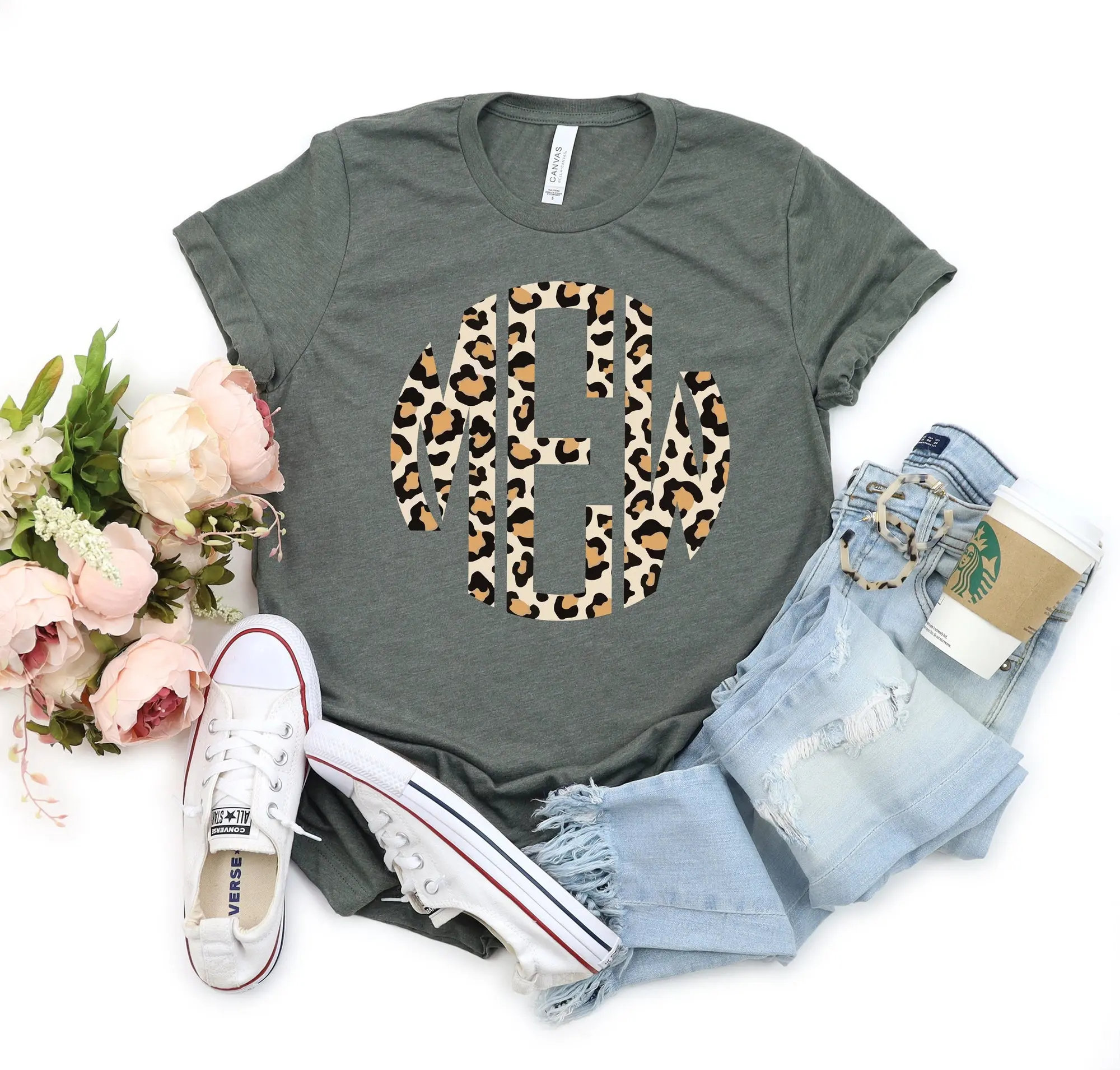 Monogrammed shirt, Leopard monogram tshirt, Inexpensive Monogram shirt, Custom circle monogram shirt, Personalized Women custom gift shirt