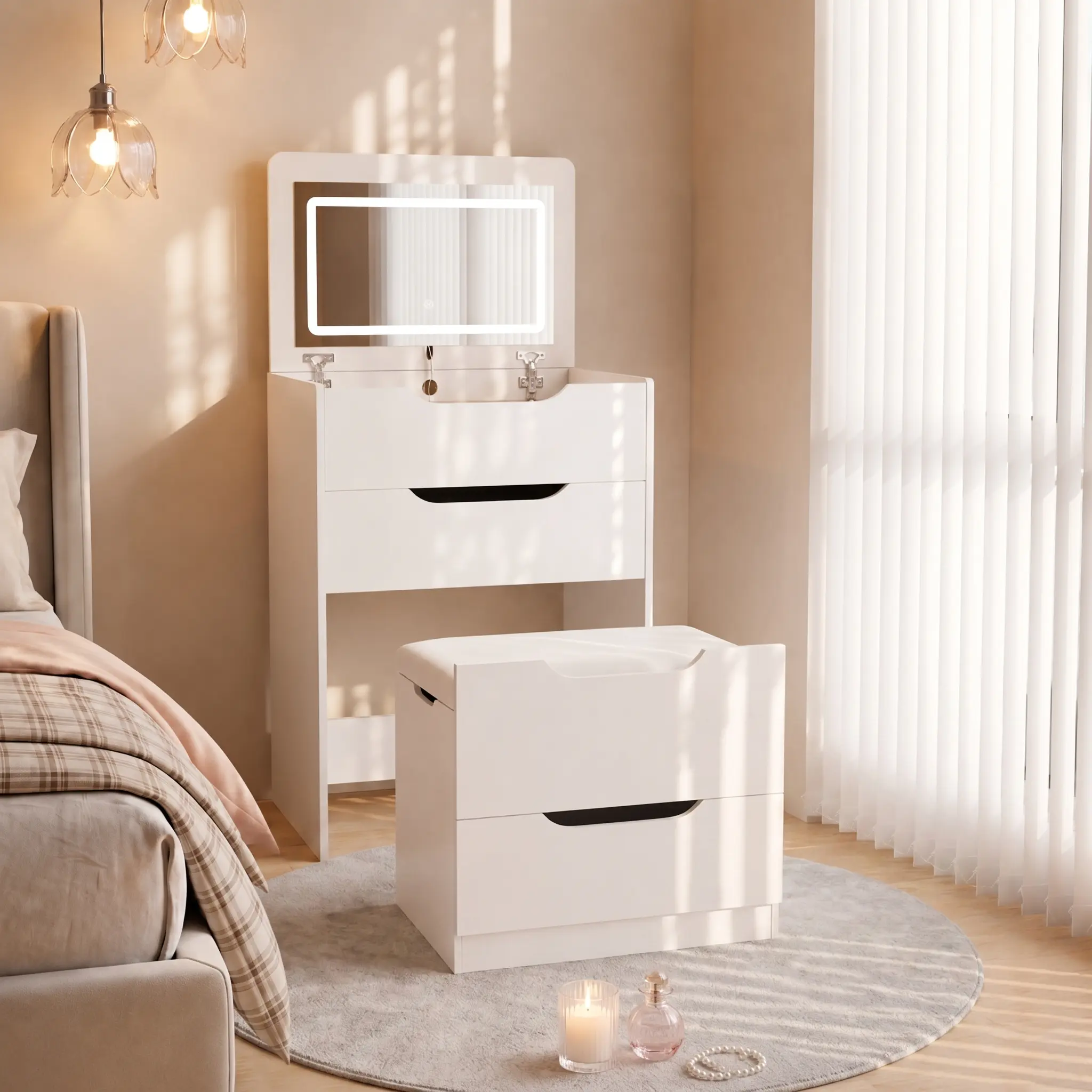 3-in-1 Lighted Makeup Vanity, Flip-Top Dimmable 3-Color Mirror, Glass Countertop Compact Vanity Set with 3 Storage Drawers & Stowable Padded Stool, Bedroom Makeup Furniture