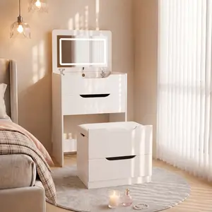 3-in-1 Vanity Table，Flip-Top Mirror with Lighting, Glass Countertop, Compact Design, compact vanity with Three Drawers, 3-Color Dimmable Light, and Stowable Padded Stool
