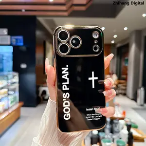 Minimalist Style God's Plan Cross Positive Prayer Quotes to Premium Case for iPhone 17 Pro Max Air 16 Plus 15 14 13 12 11 Elegance Luxury Golden Edge Electroplating TPU Phone Protection Cover Premium Slim Shockproof Lightweight Protective Cover