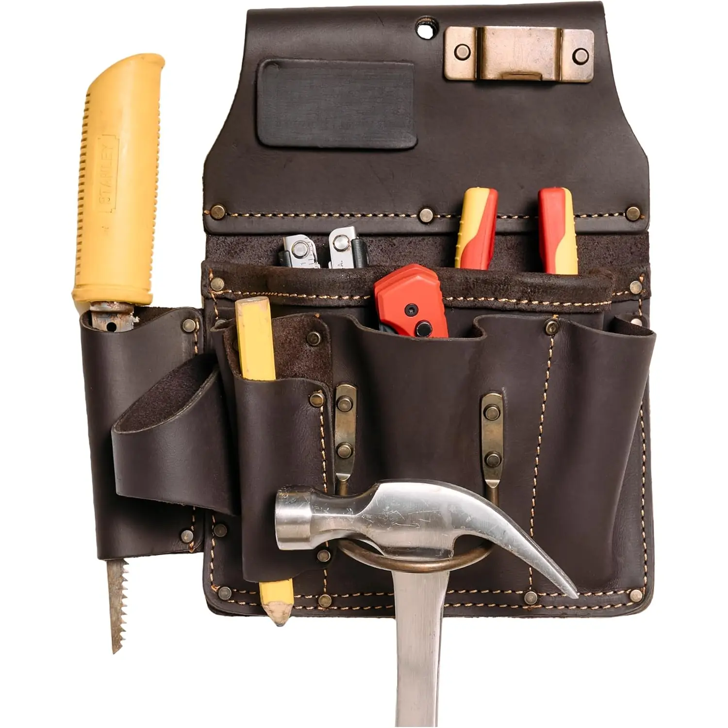 Leather Drywaller's Tool Pouch - 10-in-1 Heavy Top Grain Leather With Steel Hammer Loop & Tape Measure Clip - Fits Belts up to 3" - Handcrafted, Manufacturer Warrenty, Drywall Installers, 3 Front Pockets, 3 Leather Loops