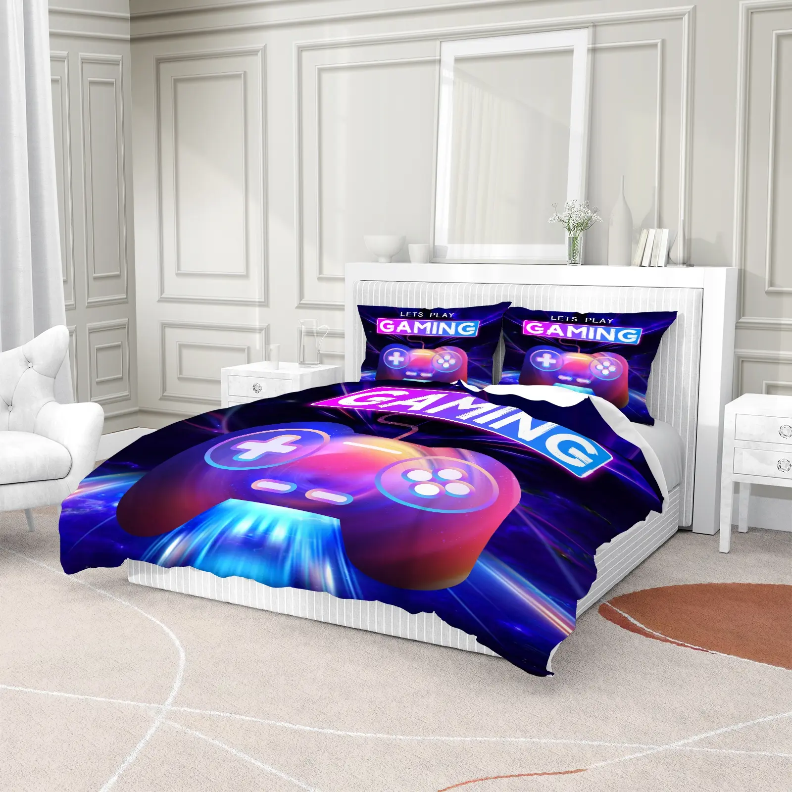 Cool Gaming Controller Pattern Sheet Set with Pillowcase, Soft Polyester Fiber Bedding, Zipper Closure, Breathable, All Seasons Use Cool Gaming Controller Pattern Sheet Set with Pillowcase, Soft Polyester Fiber Bedding, Zipper Closure, Breathable, All Seasons Use