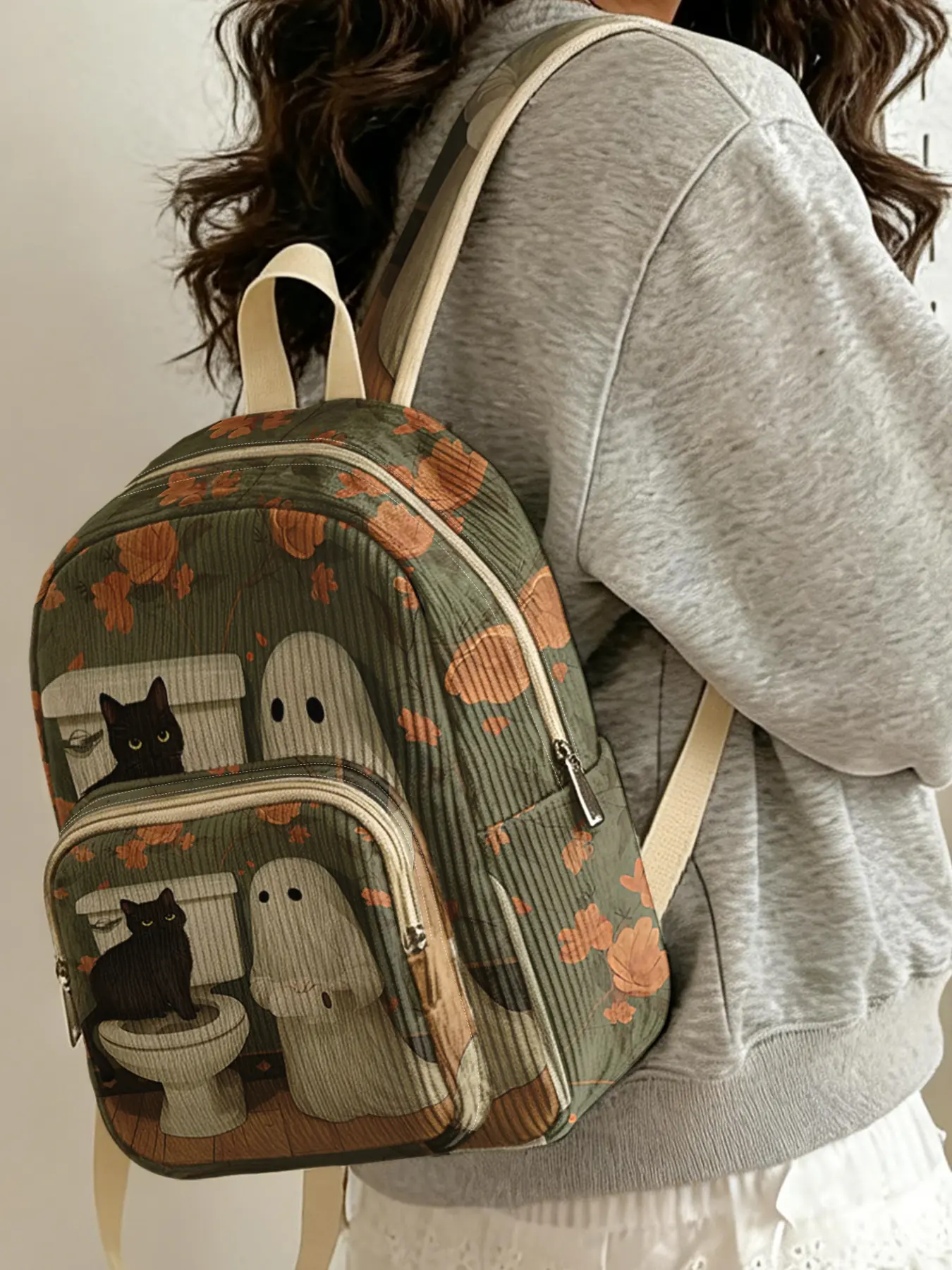 1pc Black Cat Ghost Pattern 2D Printed Women's Backpack, Velvet Texture + Layered Storage + Lightweight and Easy to Carry|Perfect for Students to Class/Shopping/Short Trips|Combining Atmosphere and Practicality