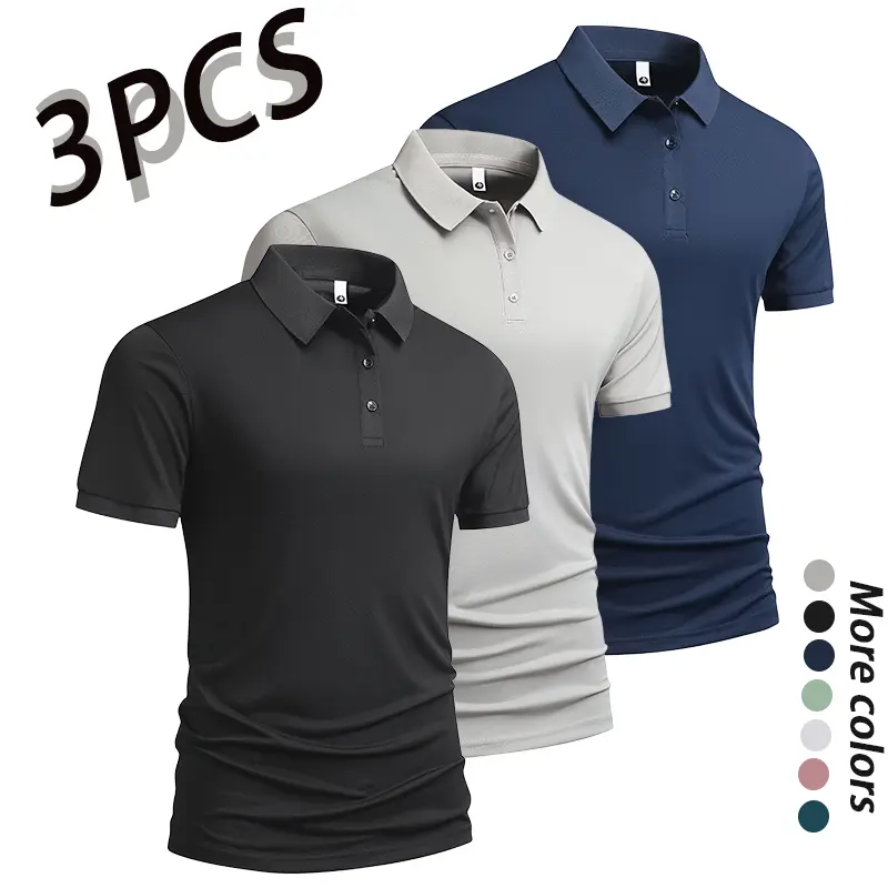 Men’s two-pack short-sleeve polo shirts with a turn-down collar, minimalist business-casual style. Breathable quick-dry fabric for a cool, comfortable feel. Classic turn-down collar button design—versatile and flattering. Drapes well, resists wrinkles, an