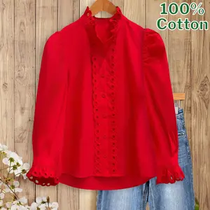 SageVell Red 100% Cotton Blouse with Exquisite Lace Splicing Elegant Long Sleeve Top for Women's Office Wear Classic Charm & Contemporary Accents