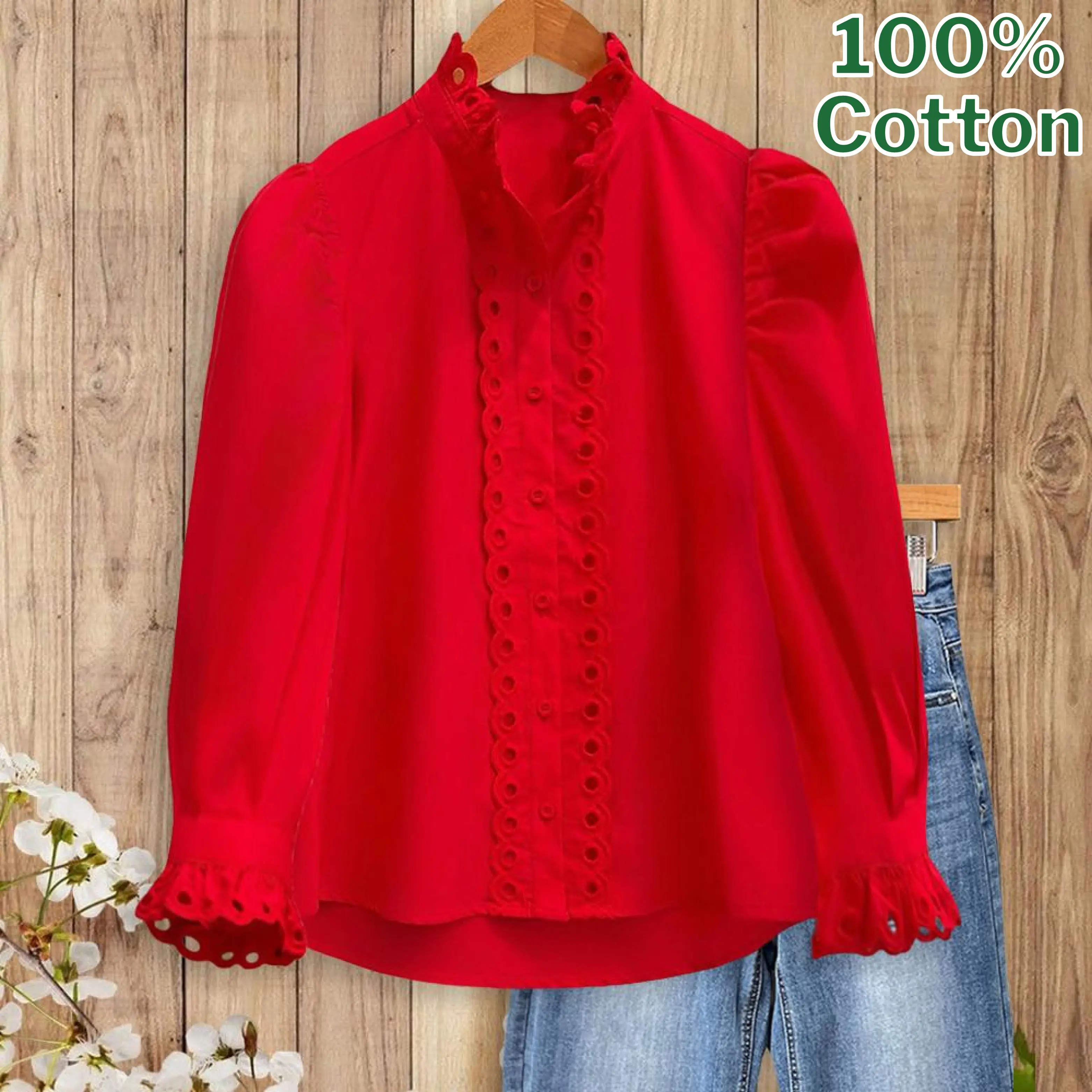 SageVell Red 100% Cotton Blouse with Exquisite Lace Splicing Elegant Long Sleeve Top for Women's Office Wear Classic Charm & Contemporary Accents