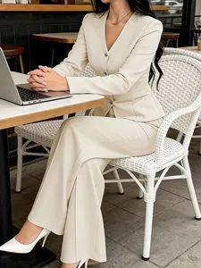 Two piece women's beige V-neck waist cinched Fitted suit set with long and wide leg pants, suitable for all seasons, suitable for home, indoor, and outdoor wear, Womenswear