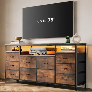 63.3 in Dresser for Bedroom,Rustic Brown 10 Drawer Dresser Tv Stand for 65 70 75 in Tv,Fabric Chest of Drawers With Led Lights & Power Outlets,Long Entertainment Center for Closet,Living Room