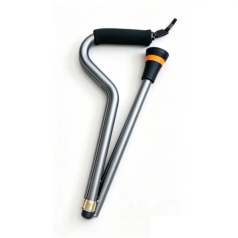 Adjustable Folding Hiking Cane, Comfortable Handle, Stable Base for Camping & Outdoor Enhanced Mobility Support,Offset Handle Walking Cane for Elderly, Stylish Grey Adjustable Walking Stick, Ergonomic Curved Grip for Better Force Angle