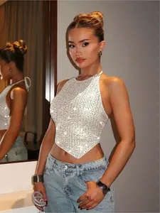 Party Essential: Women's Sexy Asymmetric Slim Sleeveless Short Sequin Christmas Camisole Top for Club, Holiday & Festival Wear.