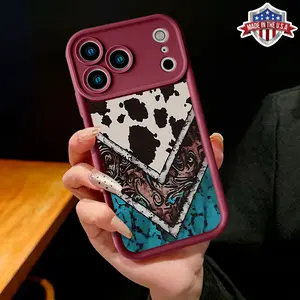 Western Cow Print Turquoise Phone Case for iPhone 11 12 13 14 15 16 17 Pro Max Plus Air, Boho Aztec Tribal Pattern Protective Cover, Vintage Southwest Aesthetic, Slim Shockproof, Drop-Resistant, Anti-Scratch, Made in USA