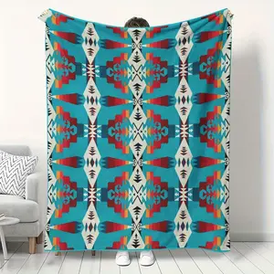 Bohemian Style Plush Blanket - Soft and Comfortable Flannel with Bright Geometric Patterns in Teal, Red, Yellow, and White - Hypoallergenic, Multi-Purpose for Home, Camping, and Travel, Camping Throw |   Decorative Throw |   Polyester Fabric