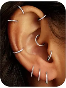 16G Cartilage Hoop Earrings for Women Men - Stainless Steel Hinged Clicker Nose Hoop Rings Helix Septum Conch Daith Lip Tragus Piercing Jewelry Silver Plated 8mm 9 Pcs Helix Pierced Ring