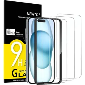 NEW'C 3 Pack Designed for Iphone 16, Iphone 15 Screen Protector (6.1 Inches),Tempered Glass with Easy Installation Tool Included,Case Friendly Ultra Resistant NEW'C
