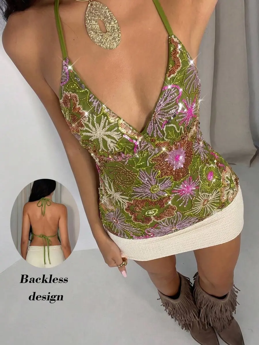 Women's Green Sequin Embroidered Spaghetti Strap Backless Camisole, Fashionable Sexy Vacation Top, Sequin Embroidered Top Birthday Night Party