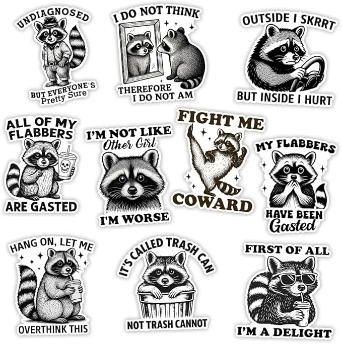 10Pcs Funny Raccoon Sticker, Animal Lover Raccoon Gift, Sarcastic Humor Sticker, Waterproof Vinyl Decal, Gifts Decorations for Hard Hat Laptop Water Bottle Phone Tumbler Window