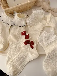 5 Pairs of Women's Underwear White Lace Bow Mid-Calf Elastic Socks – 3D bow embellishment, Aesthetic chic elegant exquisite lace design, pure white clean style, perfect with Mary Janes for a sweet vibe