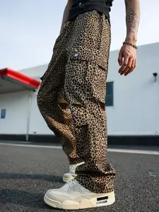 Men's Leopard Print Work Pants, Casual Comfortable Fashion Outdoor Sports Long Pants, Loose-Fitting Elastic Waist, Spring & Fall, Casual Streetwear Trousers