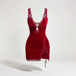 "Midnight Velvet" Aesthetic Red Dress | Radiant She Retro Lace-up Lingerie Nightie | Sexy Side-Slit Velvet Chemise for Curvy Confidence