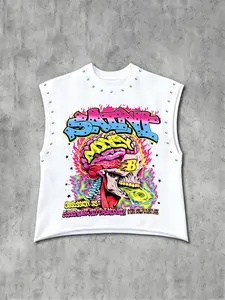 Men's Casual Fitted Vest, American Vintage Style, Skin-Friendly Breathable Fabric, Skull Graphic Print, Fashionable and Versatile, Gym Wear, Streetwear, Workout Tank Tops