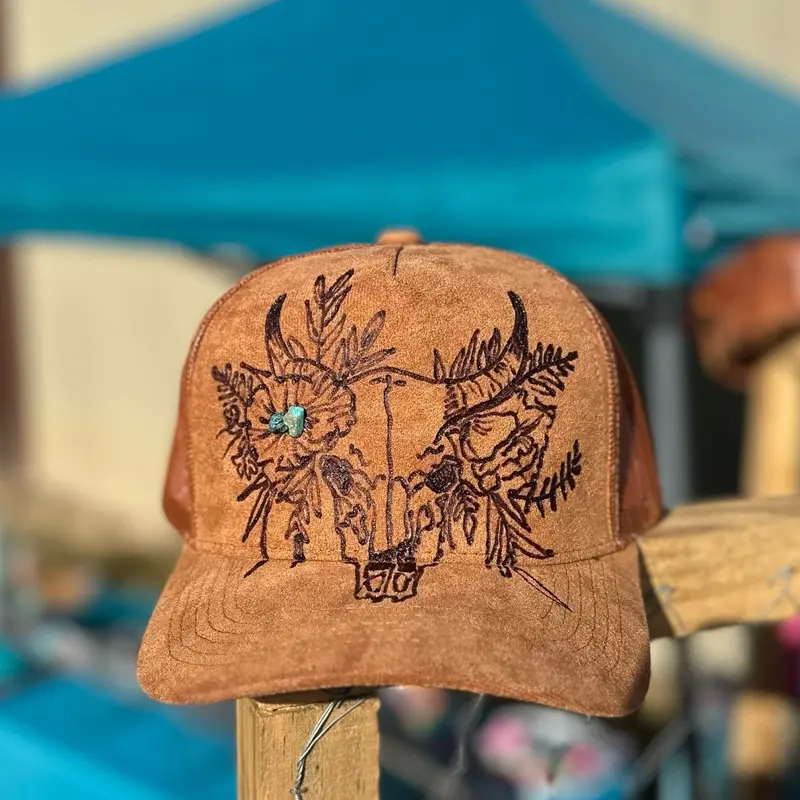 Handburned Trucker Hat with Unique Skull Design and Floral Accents for Stylish Outfits