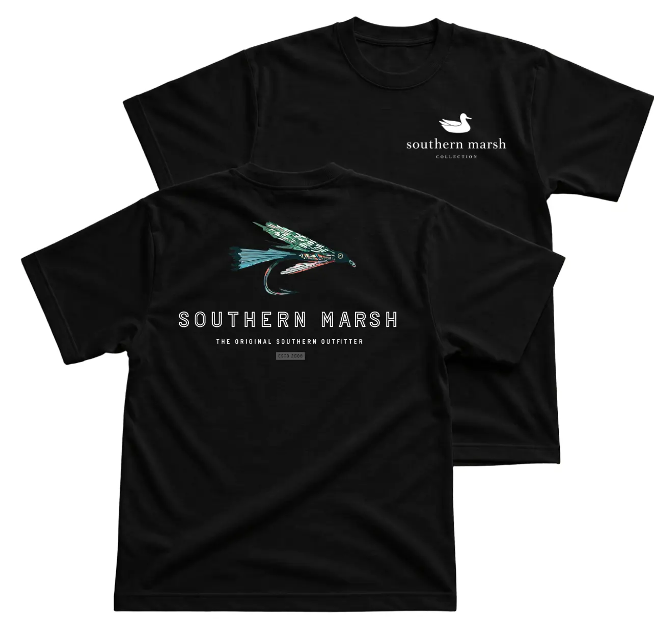 Southern Marsh Fly Fishing T-Shirt, Fly Lure Graphic Tee With Original Southern Outfitter Back Print, Duck Logo Front Chest Shirt, Outdoor Fishing Apparel Gift for Anglers and Men Women
