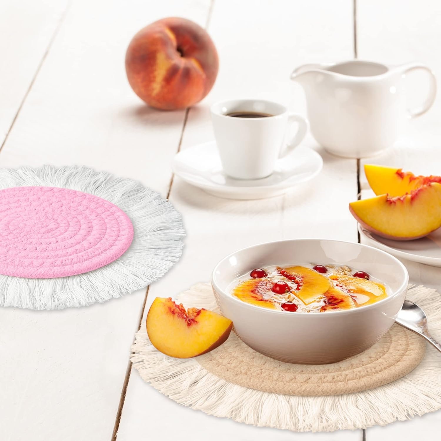 4Pcs Cotton Trivets Pot Holders for Kitchen Heat Resistant Hot Mats with Tassel Hand Woven Potholder Rustic Boho Style Farmhouse Home Decor Washable Hot Pads for Baking and Cooking 7.7"