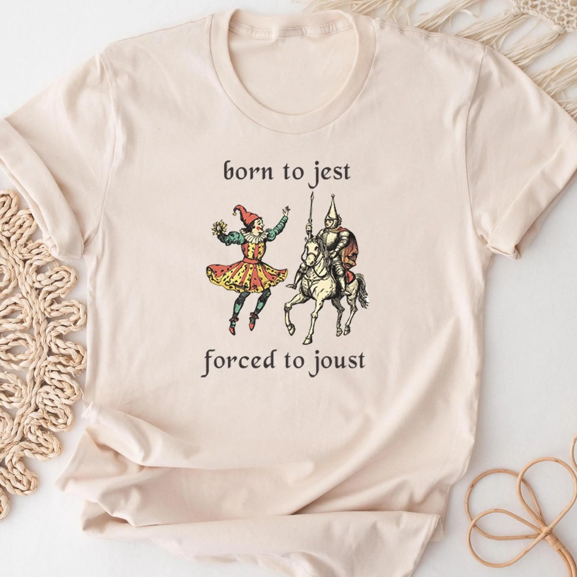 Born to Jest Forced To Joust Graphic Tee, Funny Medieval Renaissance Youth Shirt, Ren Faire Jester Pun Humor Joke Sarcastic Meme Knight Unisex T-Shirt for Adults & Kids