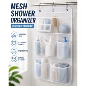 Mesh Shower Organizer Hanging Bathroom Caddy, 8 Pockets Shower Storage Bag with 3 Rings for Curtain Rod, Quick-Dry Bathroom Organizer for Shampoo, Conditioner, Soap, Razor, Loofah, Toiletries, Dorm, RV and Small Bathroom Storage