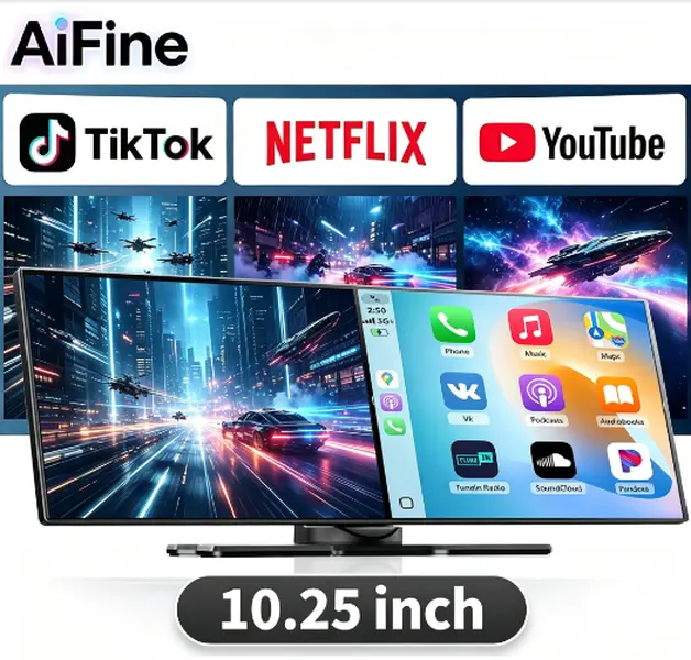 AiFine 10.25 inch Wireless CarPlay Screen for Car, Built-in Netflix/YouTube/TikTok and other apps,Apple CarPlay & Android Auto screen with 1080P Backup Camera/Navigation/Voice Control