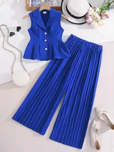 Girls 2 Piece Set, Stylish Blue Vest Top with Button and Sleeveless Design, Elastic Waist Blue Pants for Trendy Look