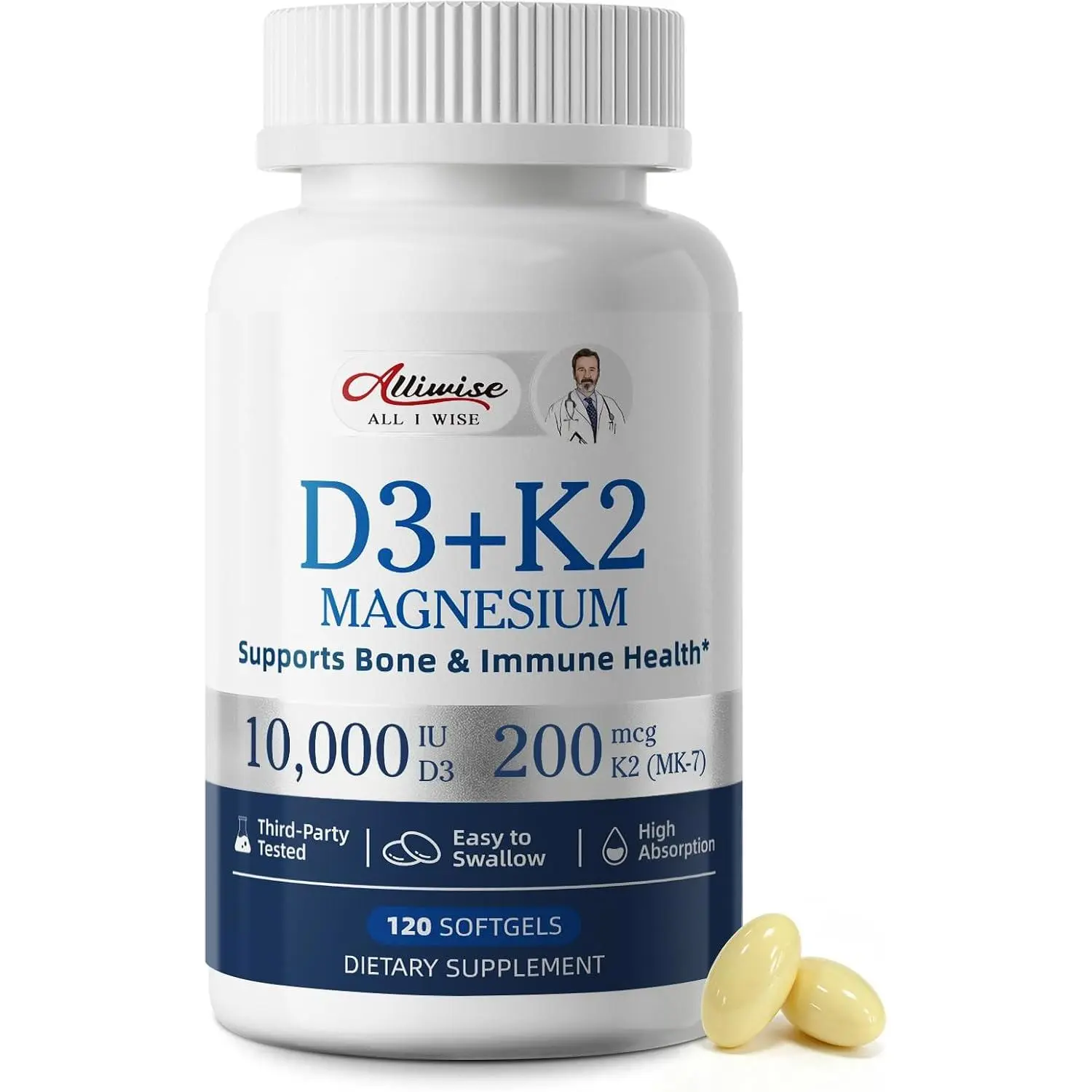 Alliwise D3 K2 Vitamin 10000 IU with Magnesium Complex Softgels, 120 Count | Vitamin D3 K2 Magnesium Complex + 200mcg K2 MK-7 High Potency Daily Mineral, Immune & Sleep Health Supports for Women/Men