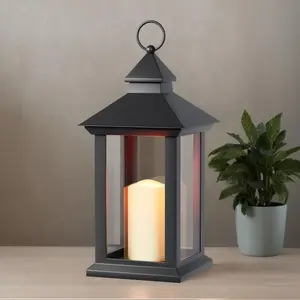 1 Pack 14" Vintage Black Flameless Candle Lanterns, Waterproof Hanging Decorative Lantern with Timer, Battery Operated for Indoor Outdoor Porch Patio Wedding Decor
