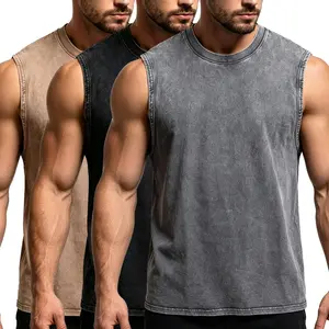 Men's 3-Pack Grey+Black+Black Acid Wash Cotton Tank Tops, Vintage Crewneck Sleeveless Loose-Fit Streetwear, Comfy for Outdoor Workout & Gym Casual Menswear Vests
