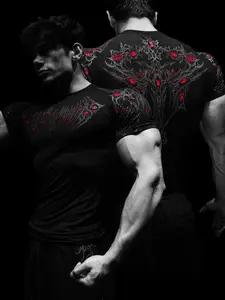 Men's Slim-Fit Short Sleeve T-Shirt, Cyber Gothic Dark Style, Elastic Quick-Dry Fitness Top, Ideal for Strength Training & Streetwear