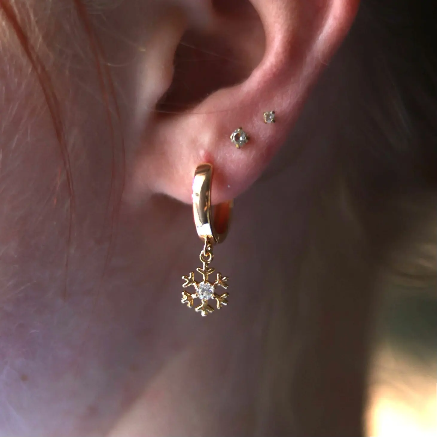 18K Gold Plated Cubic Zirconia Tiny Snowflake Christmas Chunky Hoop Earrings