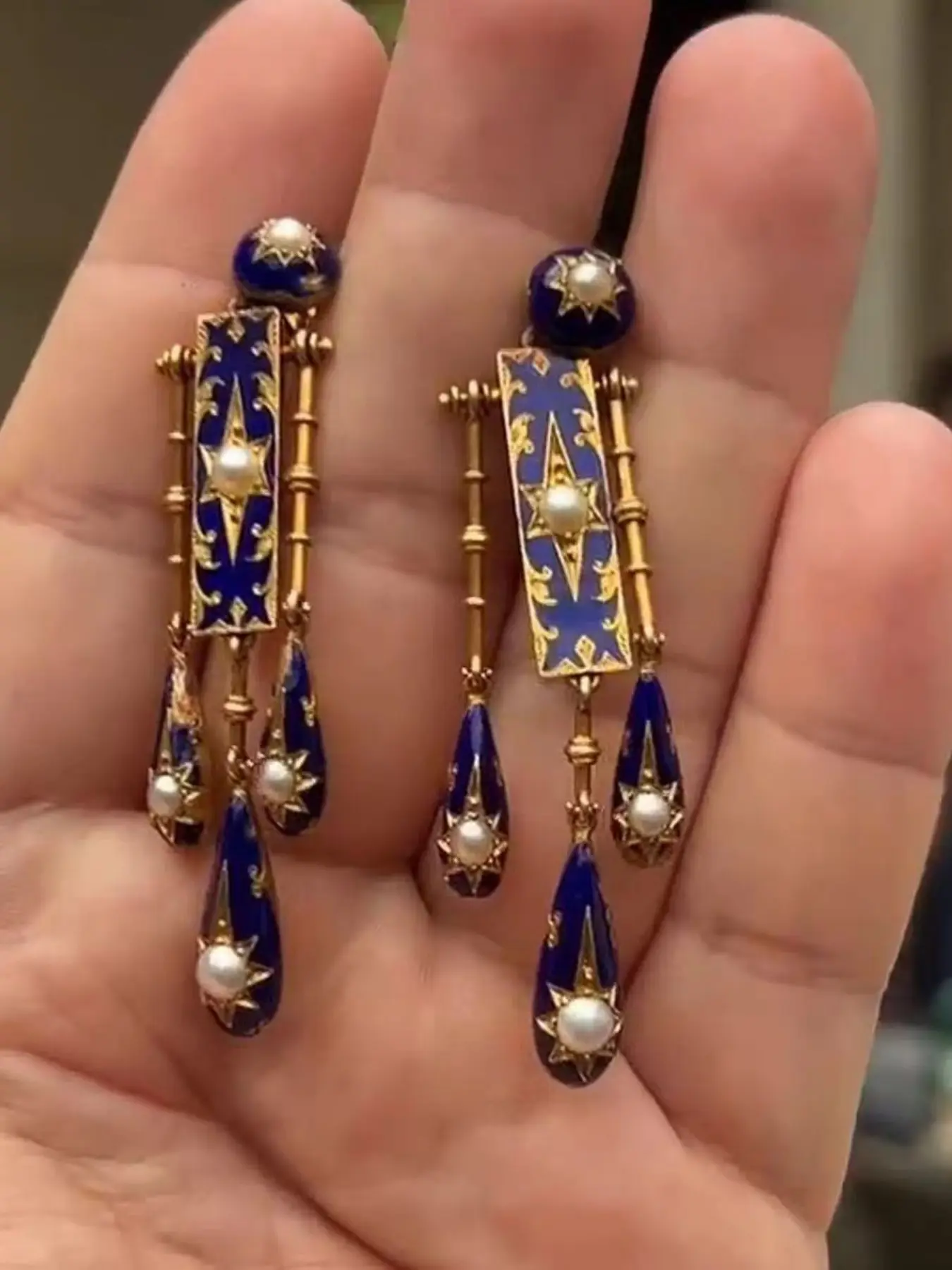 Vintage Blue Enamel Starburst Artificial Pearl Teardrop Fringe Long Earrings, Fashion Dangling Earrings for Women, Elegant Courtly Medieval Style Party Jewelry Gift