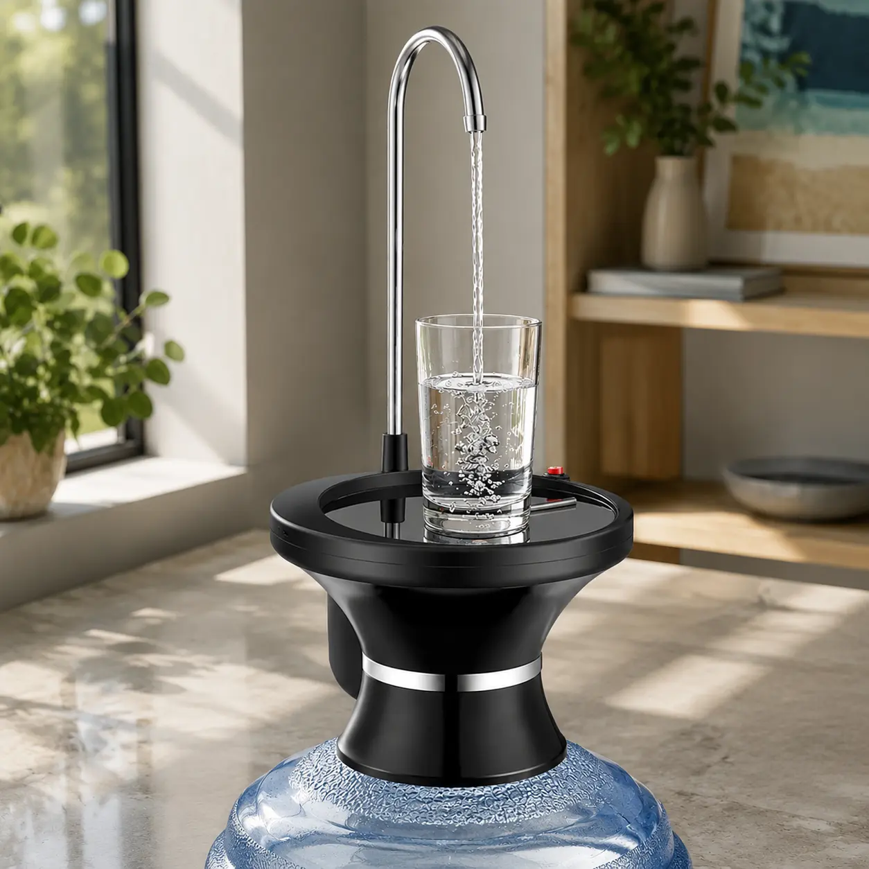 Automatic Electric 5-Gal Water Bottle Dispenser Pump, USB Rechargeable with Cup-Activated Switch, Stainless Steel Spout, Large Cup Tray for 2-5 Gal Jugs, Home, Office Use
