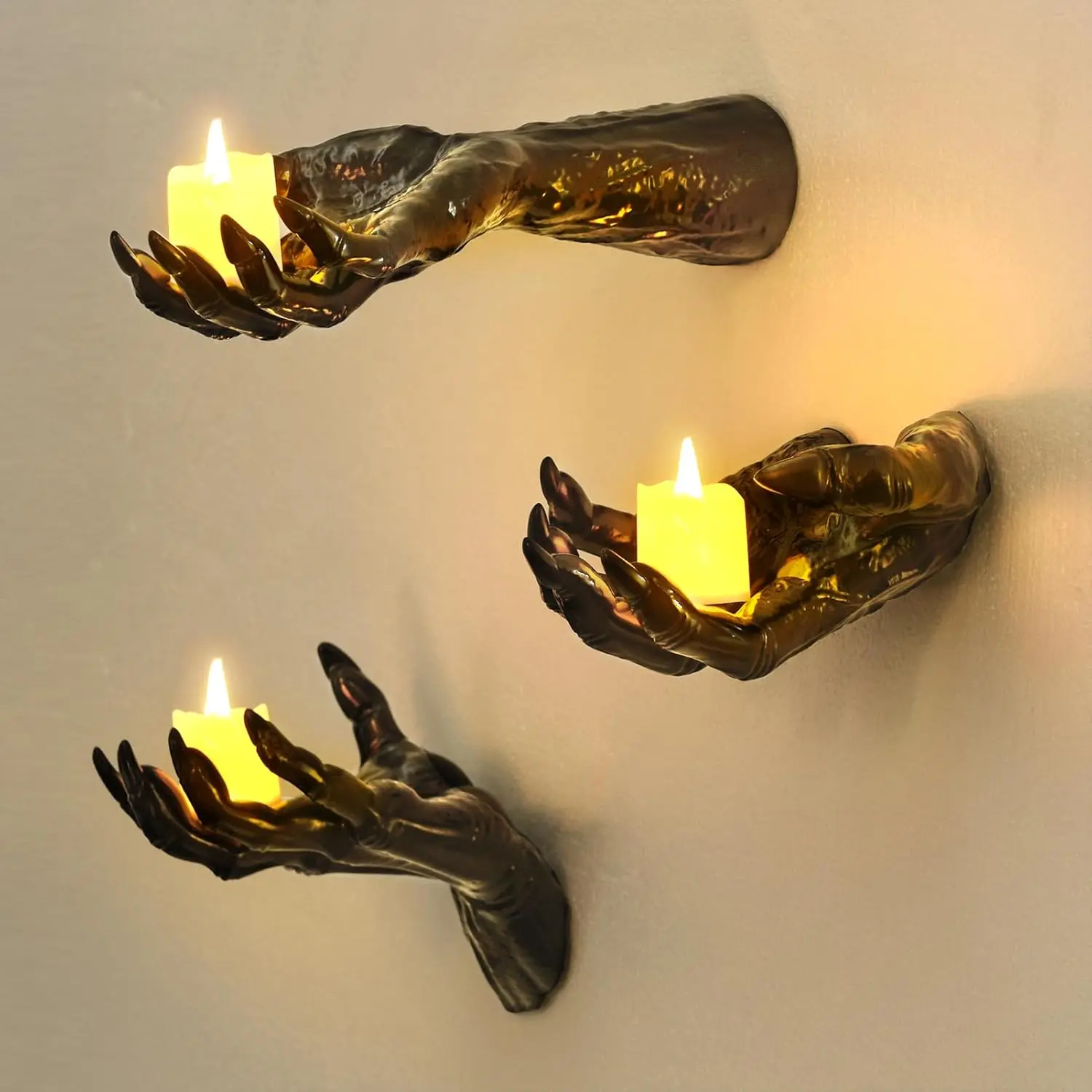 3-Pack Gothic 3D Spooky Creepy Hyperrealism Wall-Mounted Reaching Hand Candle Holders with Lighted Candles, Halloween Party Decoration Supplies, Home Room Decor Ornament