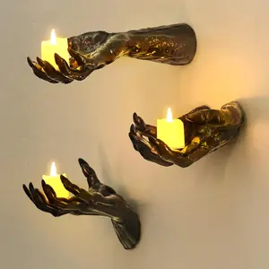 3-Pack 3D Spooky Wall-Mounted Creepy Reaching Hand Candle Holders with Lighted Candles, Halloween Party Decoration Supplies, Gothic Home Decor, Room Decor Ornament