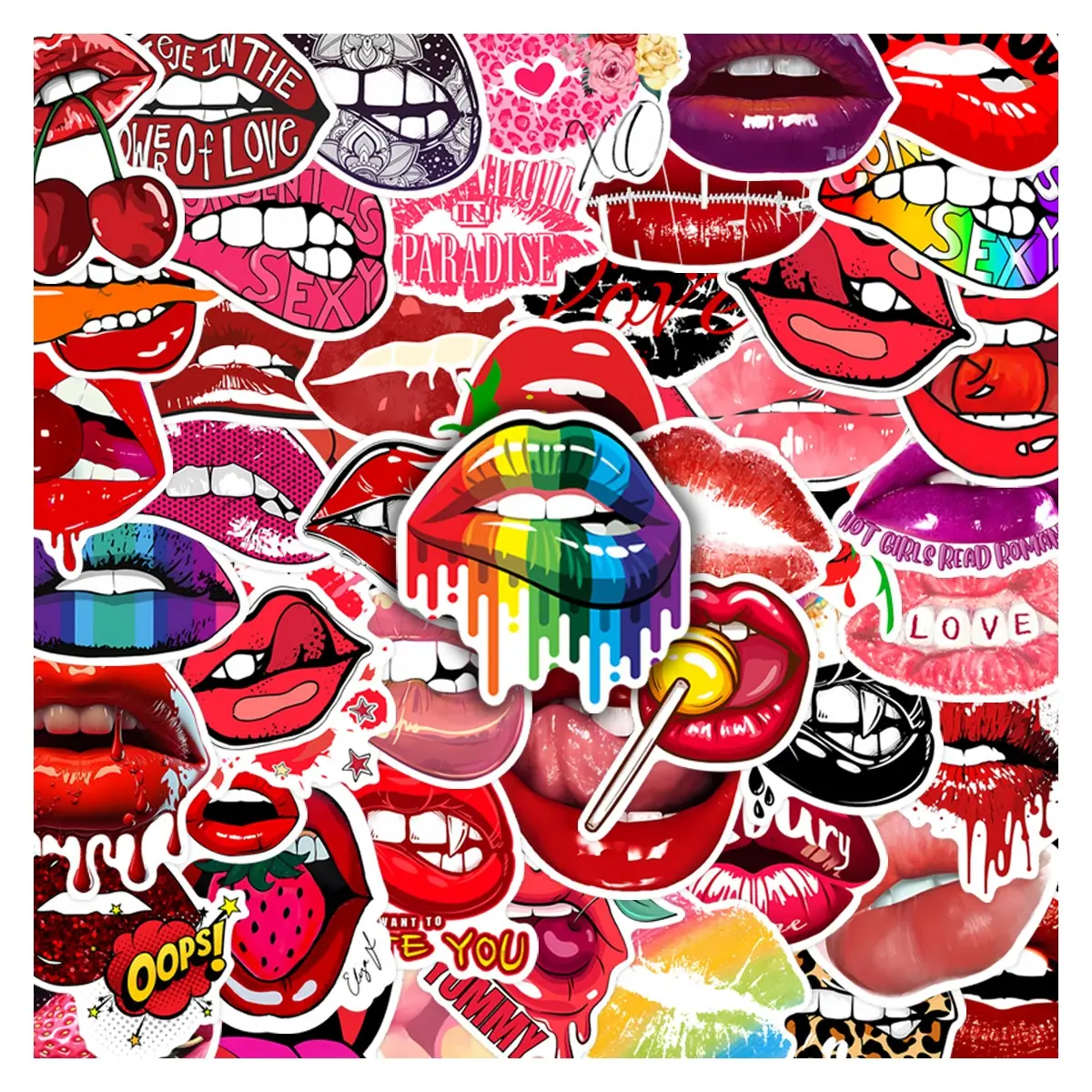 50pcs Sexy Lip Print Themed Stickers Pack, Self Adhesive Aesthetic Stickers Waterproof Bold & Edgy Rainbow & Cherry Lip Decals for Laptop, Water Bottle, Journal & Scrapbook, Bold Fashion & Pride Lover Gift