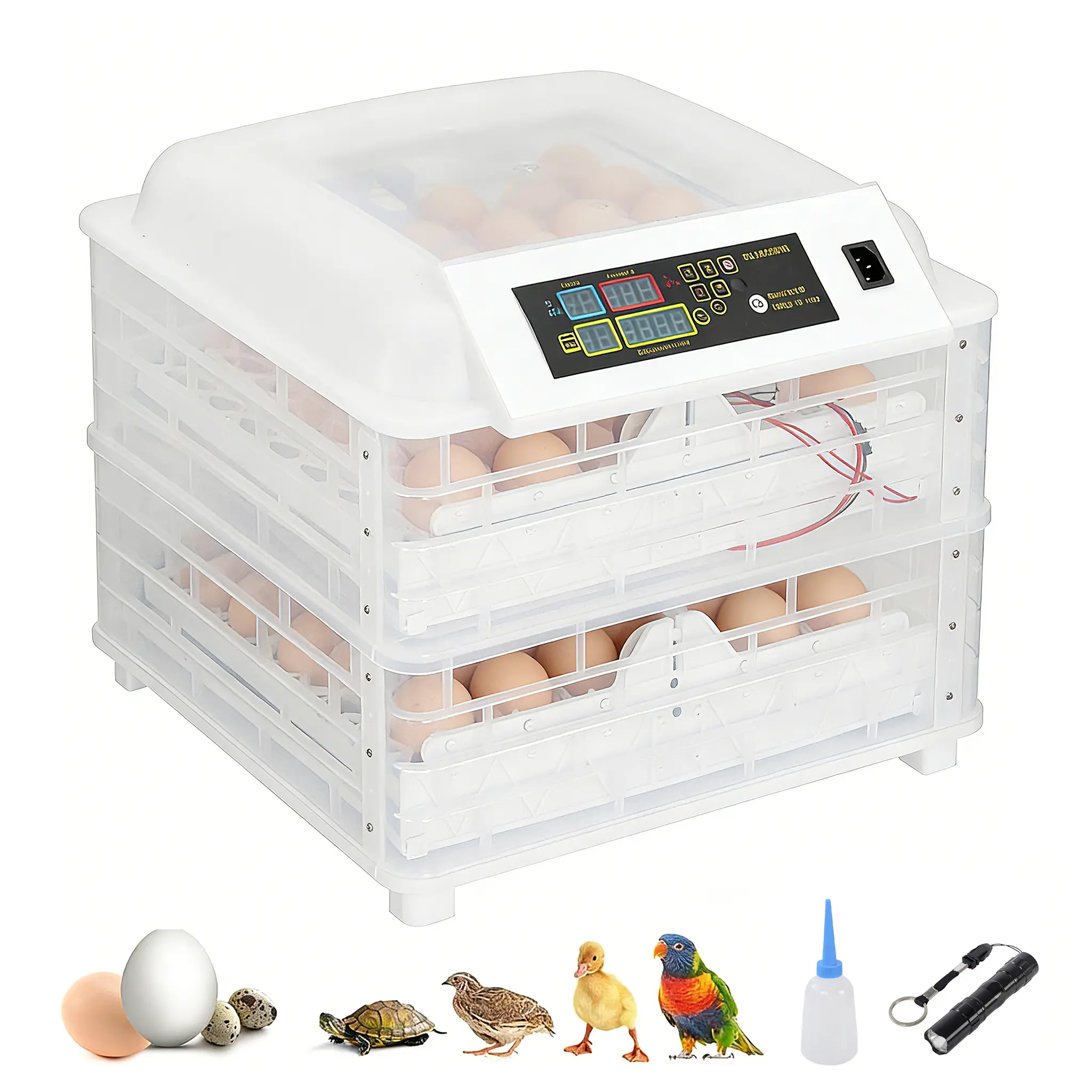 112-Egg Fully Automatic 2-in-1 Incubator with Auto-Turning, Digital Temperature Control, Transparent Design, (22.44x21.26x12.8")/(57x54x32.5)cm, 100w, 210.93Oz / 5980G, AC 110v for Chicken, Duck Eggs