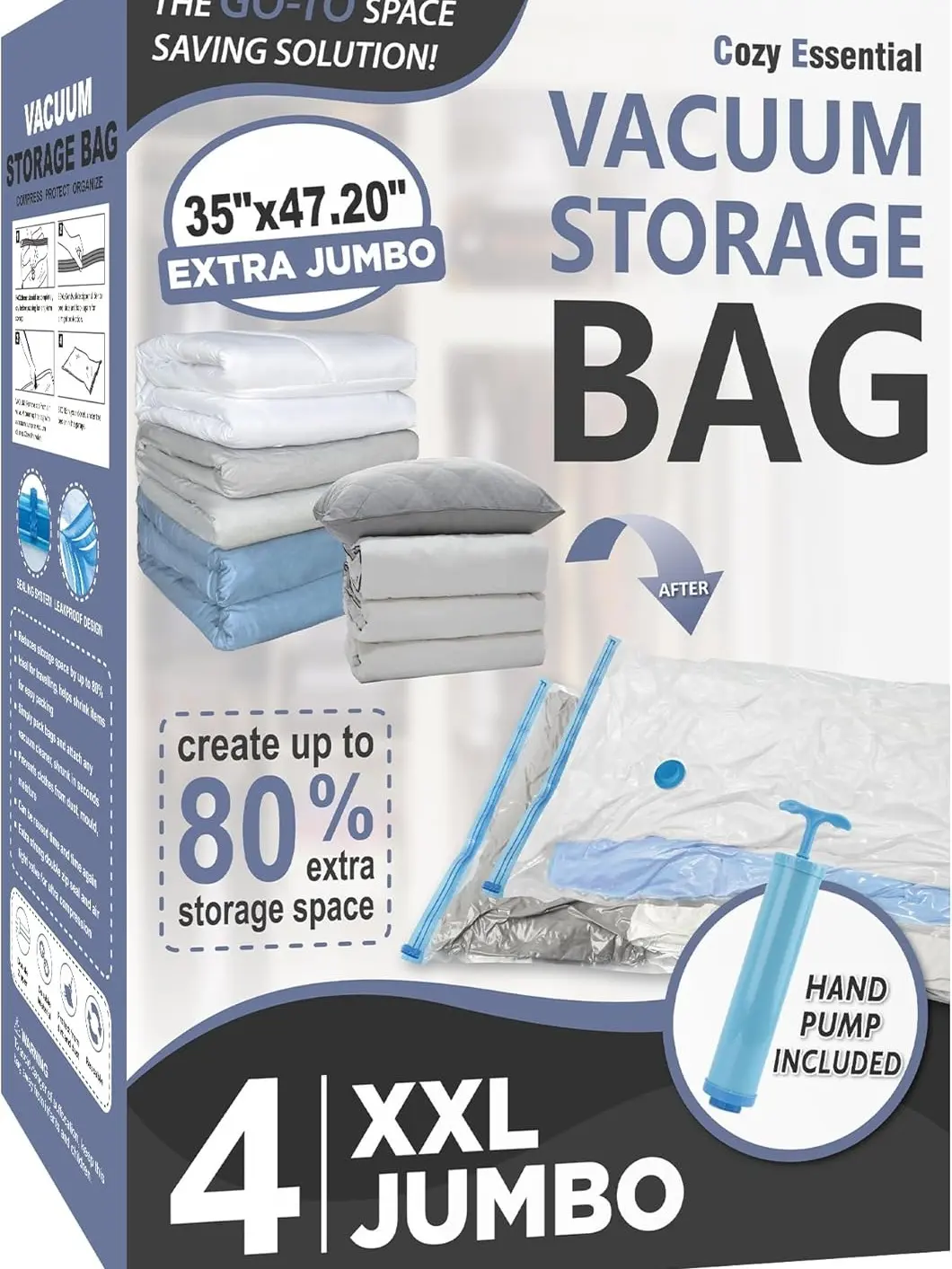 Cozy Essential 4 Pack Vacuum Storage Bags, 80% Space Saving Airtight Vacuum Compression Bags for Clothes, Blankets, Pillows, Bedding & Comforters, Compatible with Vacuum Sealer Machine