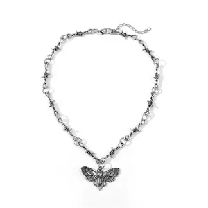 Thorn Hip-Hop Gothic Skull Moth Pendant Necklace European and American Punk Barbed Wire Chain Ornaments for Women