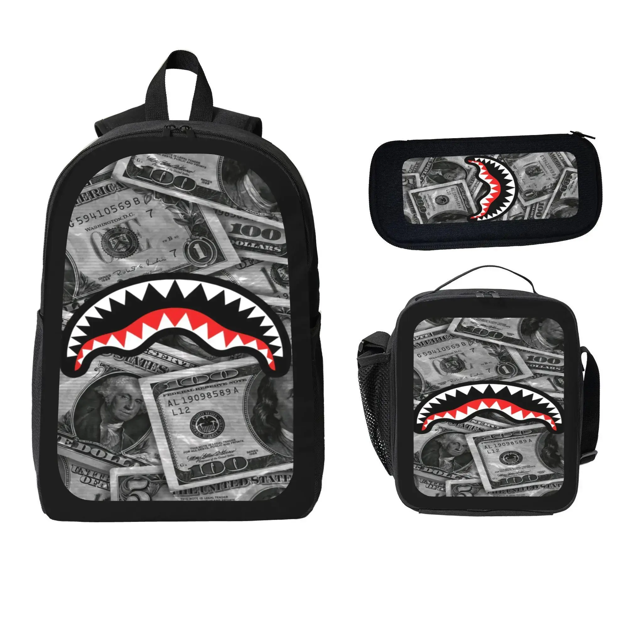 Shark mouth Backpack 3PCS Dollar Cash Graphic Leisure Daypack Shoulder Bag Travel Sports Double Strap Backpacks 17in